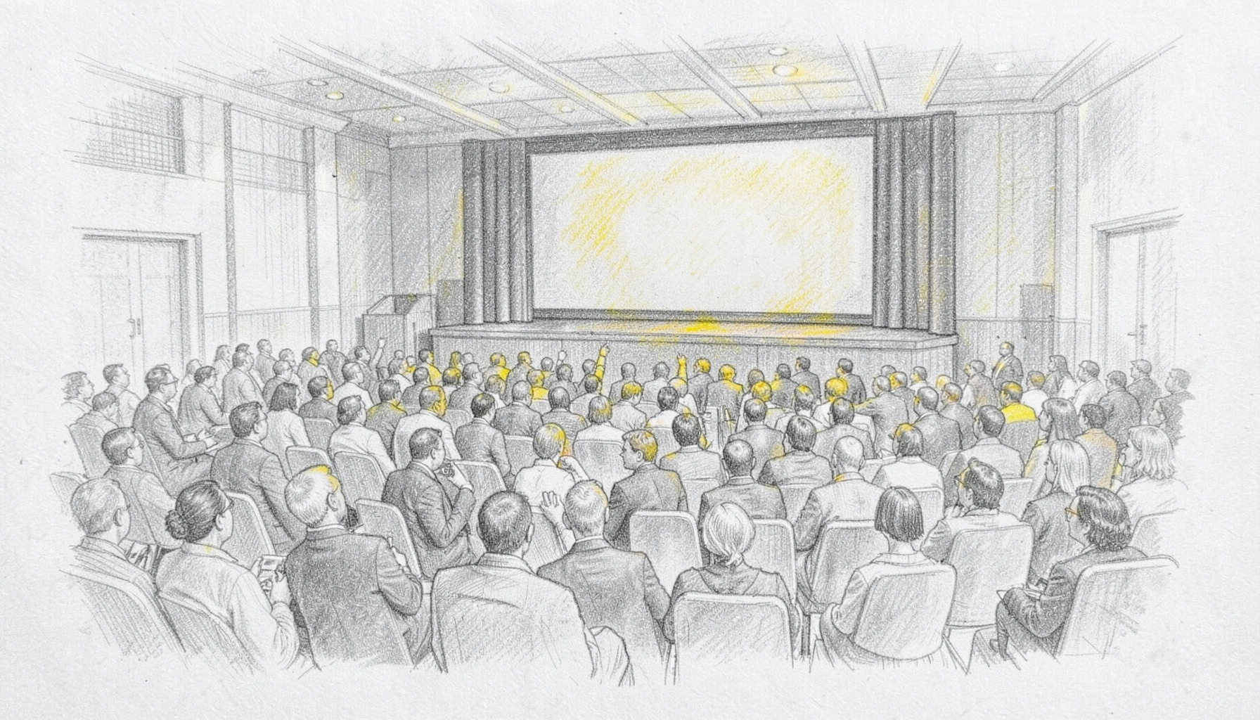 Graphite pencil sketch of a large conference hall interior with rows of seating, a stage with a presentation screen, and attendees networking in small groups, rendered in soft grey tones with subtle yellow highlights
