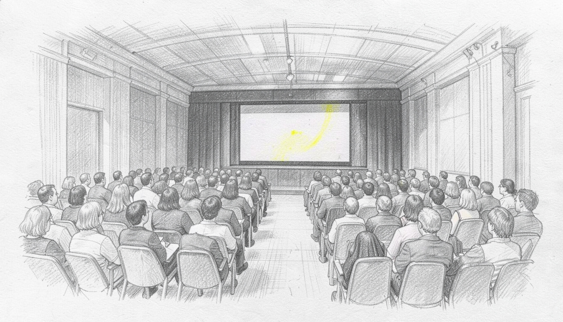 Graphite pencil sketch of a large conference hall with rows of seated attendees facing a stage with a presentation screen, soft grey tones and cross-hatched shading