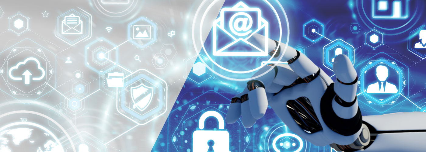 Digital illustration of a robotic hand interacting with glowing network and security icons, blue and white tones